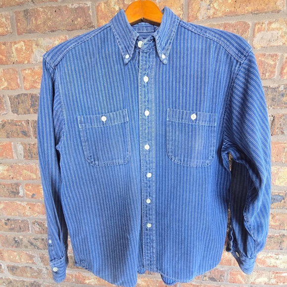 VTG 90s GAP Blue Jeans World Standard Hickory Striped Denim Work Shirt Button M - Picture 1 of 7
